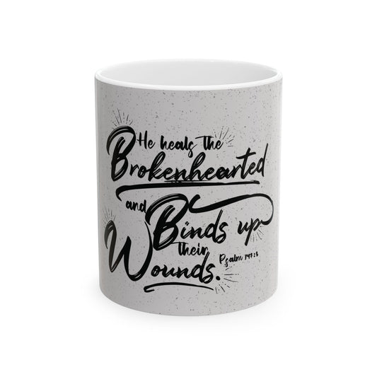 Ceramic Mug Psalm 147:3 White/Grey Color Scheme