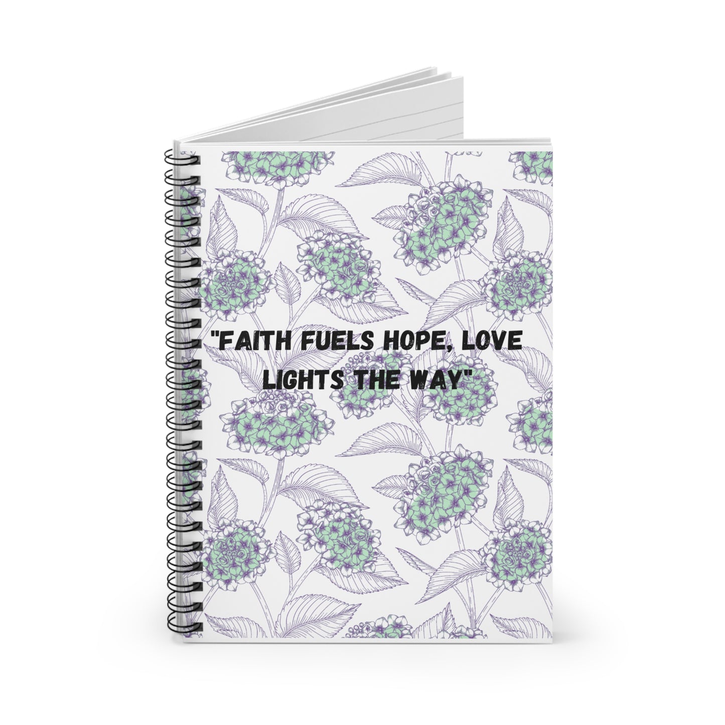 Journal Floral Spiral Notebook, Minty Blue - Ruled Line with 'faith fuels hope, love lights the way' Quote