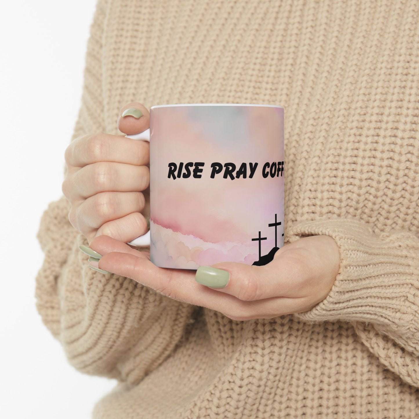 Coffee Mug, Rise Pray Coffee Repeat, Hibiscus Pink